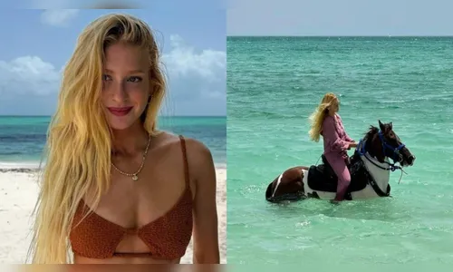 Marina Ruy Barbosa chama a atenção ao andar a cavalo no mar