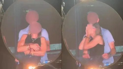Ao notarem que estão no telão gigante do estádio, a mulher esconde o rosto com as mãos enquanto o homem se abaixa rapidamente para tentar sair de cena