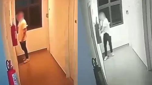 Câmera registrou o homem saindo do apartamento com as mãos sujas de sangue