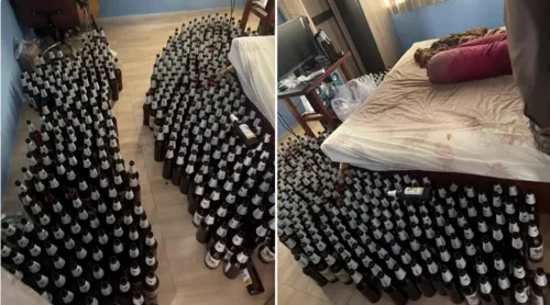 Haviam mais de 100 garrafas de cerveja no seu quarto.