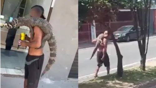O homem aparece com o jacaré no ombro pedindo por comida ou drogas.