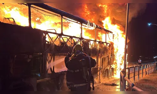 Ônibus com 45 passageiros que saiu do PR pega fogo em SC; veja