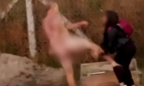 Homem pelado agride mulher com chutes no meio da rua no PR; vídeo
