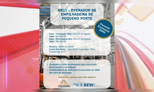 Arapongas divulga curso de Operador de Empilhadeira de Pequeno Porte