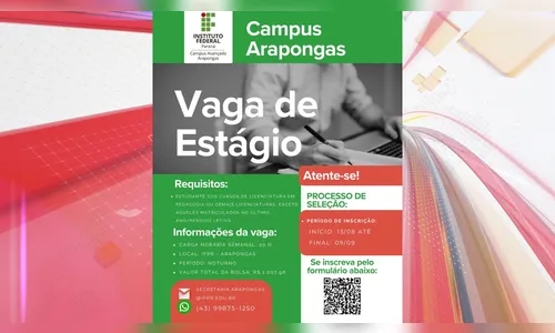 IFPR Arapongas está com vaga de estágio aberta com bolsa de R$ 1 mil