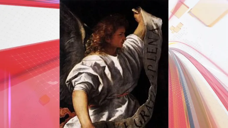 Na imagem, Arcanjo gabriel segura um pergaminho com as palavras grafadas da Ave Maria no momento da Anunciação a Maria