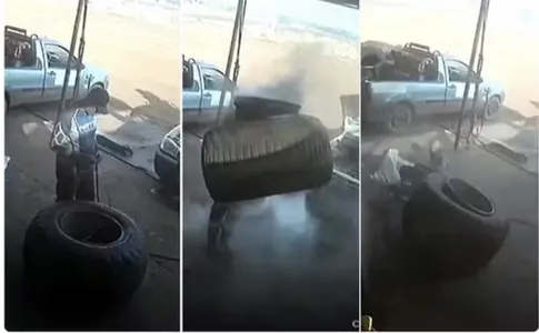 Imagens da câmera de segurança mostram o momento em que o pneu explode.