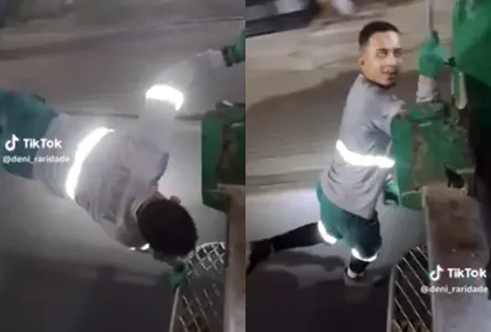 Nas imagens, ele aparece pendurado na parte traseira do veículo, chegando a encostar uma das mãos no chão enquanto o caminhão estava em circulação.