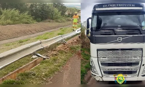 Caminhão bate em guard rail e danifica defensa na PR-445