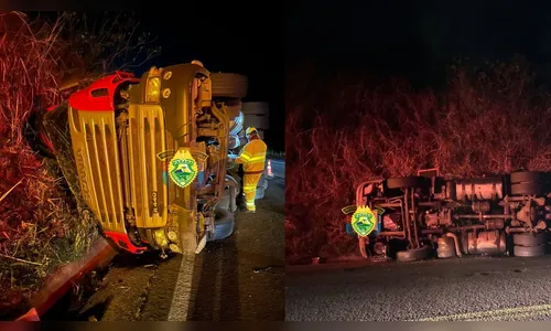 Caminhão com placas de Arapongas tomba na PR-323 e motorista sai ileso