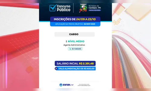 Prefeitura do PR abre 21 vagas de nível médio; veja como participar