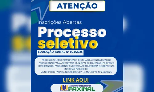 Faxinal abre PSS para contratação de profissionais da Educação