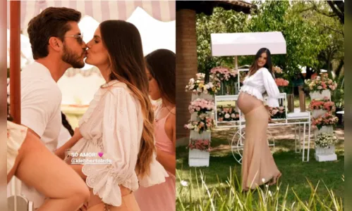 Camila Queiroz e Klebber Toledo celebram chá de bebê da primeira filha