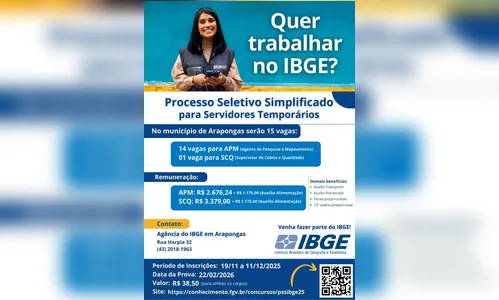IBGE oferta 15 vagas em Arapongas para processo seletivo simplificado
