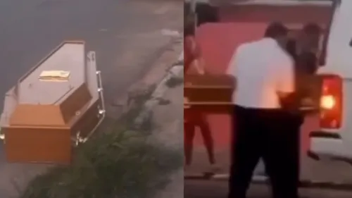 Caixão cai de carro funerário e choca população; veja vídeo