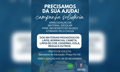 Arapongas arrecada material escolar para Rio Bonito do Iguaçu