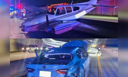 Avião faz pouso de emergência e atinge carro em rodovia; veja vídeo