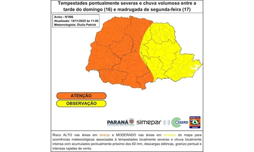 Frente fria chega domingo ao PR e traz temporais; veja regiões mais afetadas