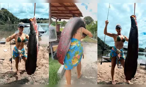 Mulher pesca pirarucu de 65 kg em lagoa de Linhares durante passeio
