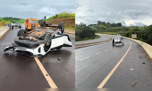 Médica é socorrida de helicóptero após capotamento no contorno de Jandaia do Sul