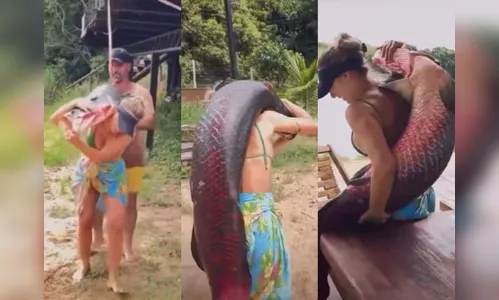 Mulher surpreende ao pescar pirarucu gigante de 65kg com vara simples