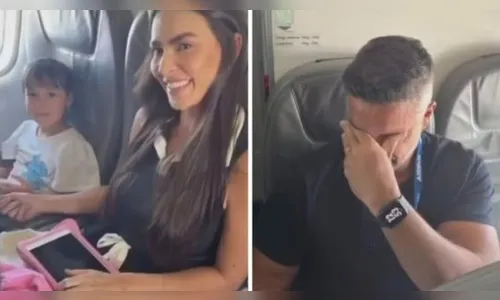 Empresária anuncia gravidez em voo e surpreende marido e filha; veja vídeo