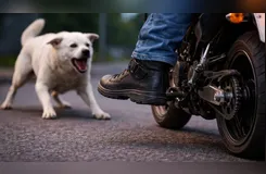 Cachorro branco avançou e mordeu sua perna do motocilcista.