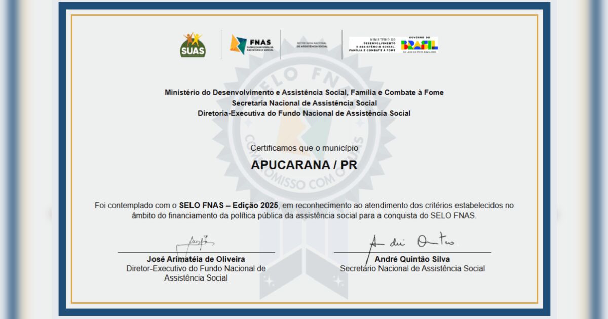 Apucarana recebe selo nacional por excelência na assistência social