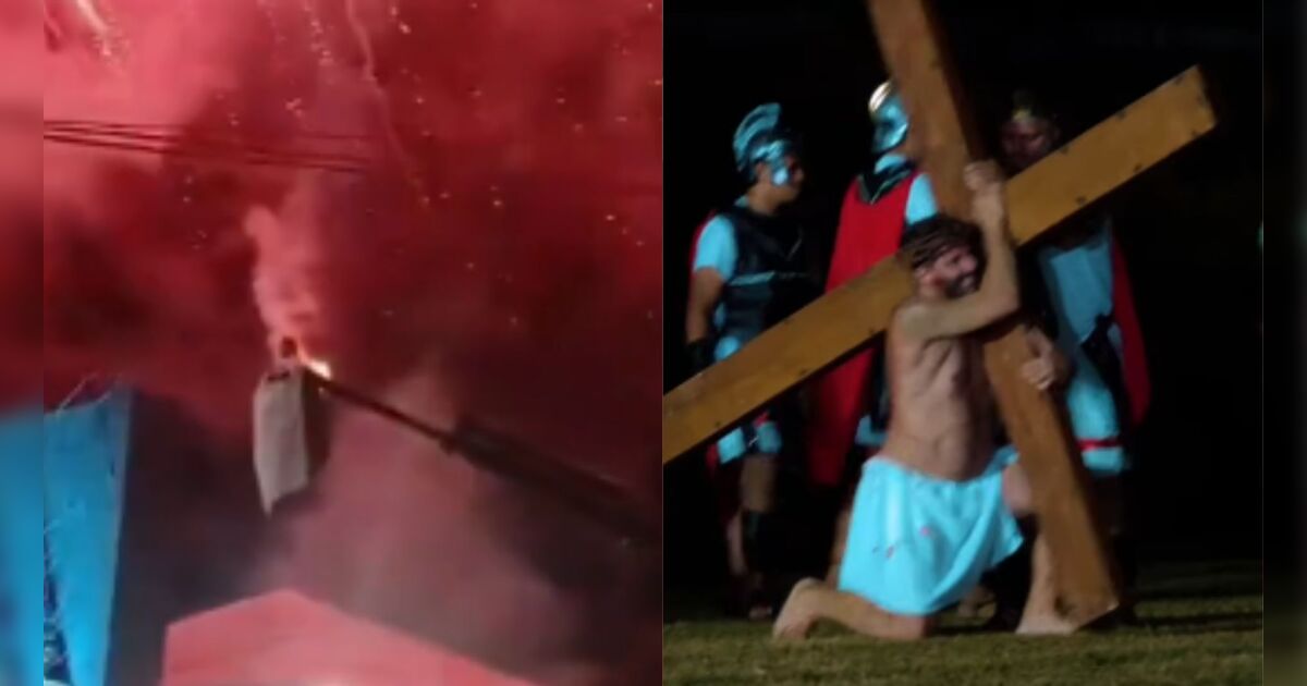 Figurino do ator Henri Castelli pega fogo durante encenação da Paixão de Cristo