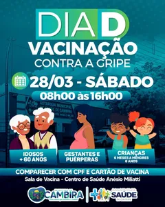 A ação acontecerá das 8h às 16h, na sala de vacina do Centro de Saúde Anésio Miliatti