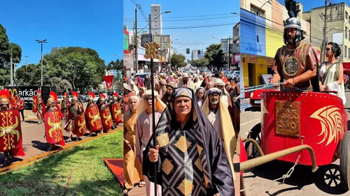 Elenco da "Paixão de Cristo" divulga espetáculo no centro de Arapongas e chama atenção