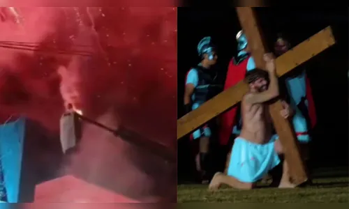 Figurino do ator Henri Castelli pega fogo durante encenação da Paixão de Cristo
