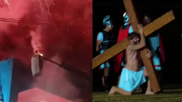 Figurino do ator Henri Castelli pega fogo durante encenação da Paixão de Cristo