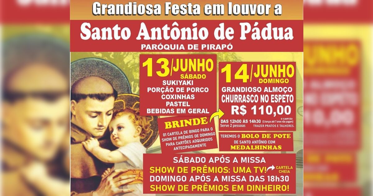 Paróquia divulga Festa em Louvor a Santo Antônio de Pádua no Pirapó