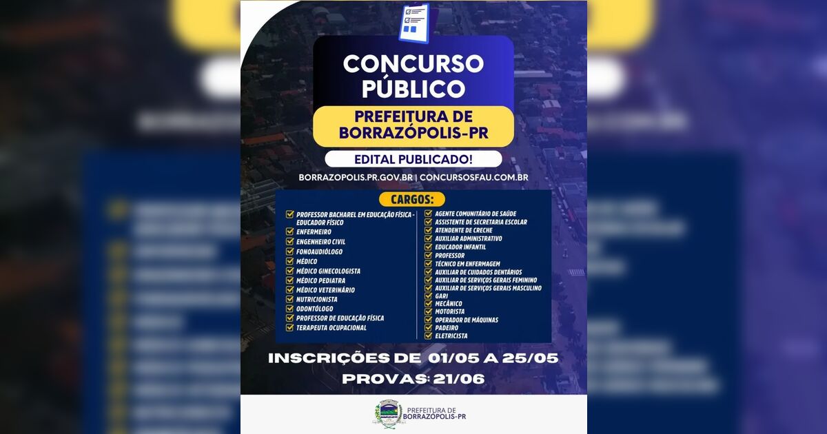 Prefeitura de Borrazópolis abre concurso público com salários de até R$ 21 mil