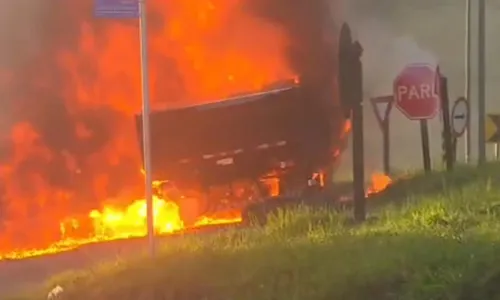 Caminhão com carga de baterias pega fogo e interdita trecho da BR-116