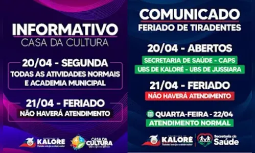Confira o que abre e o que fecha em Kaloré durante o feriado de 21 de abril