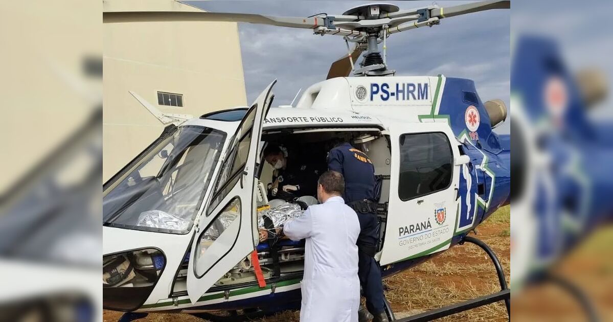 Jovem de 20 anos é socorrido de helicóptero após grave colis
