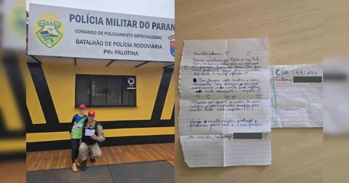 Menino de 9 anos visita posto policial após escrever carta de agradecimento aos agentes