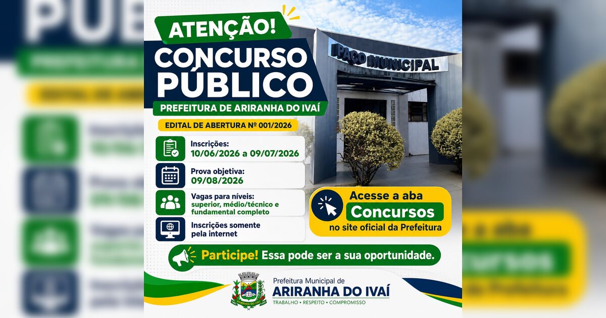 Concurso público de Ariranha do Ivaí abre inscrições nesta q