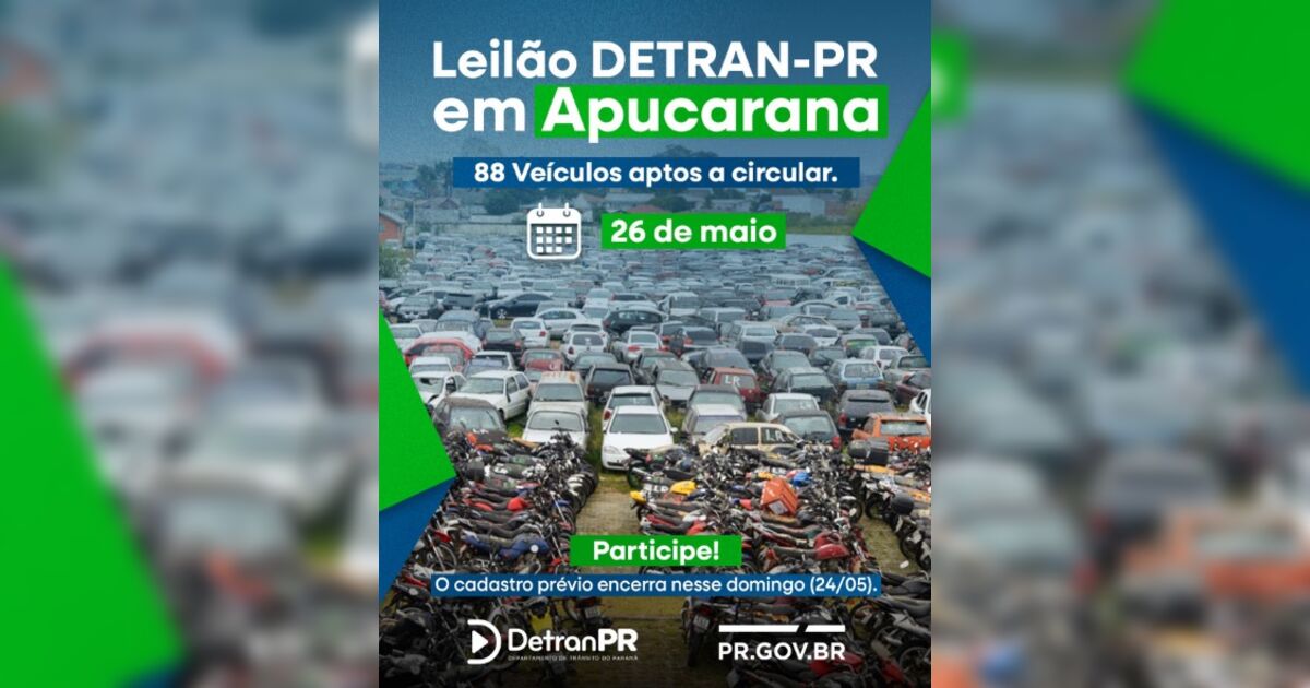 Detran-PR faz leilão de 88 carros em Apucarana nesta terça (26); inscrições encerram hoje