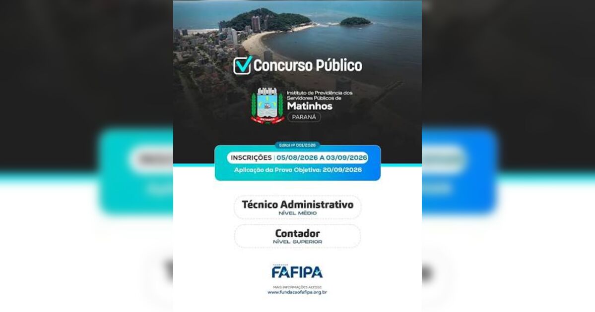 Concurso do MatinhosPREV abre inscrições nesta quarta com salários até R$ 7 mil