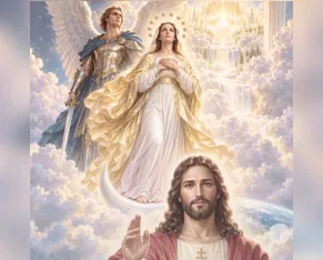 Miguel, no Apocalipse 12 na Bíblia Sagrada, defendendo a mulher e seu filho contra Satanás