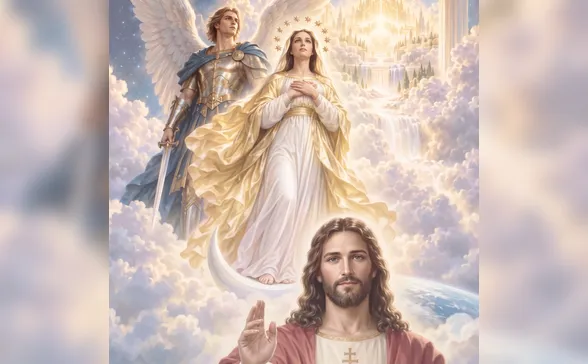 Miguel, no Apocalipse 12 na Bíblia Sagrada, defendendo a mulher e seu filho contra Satanás
