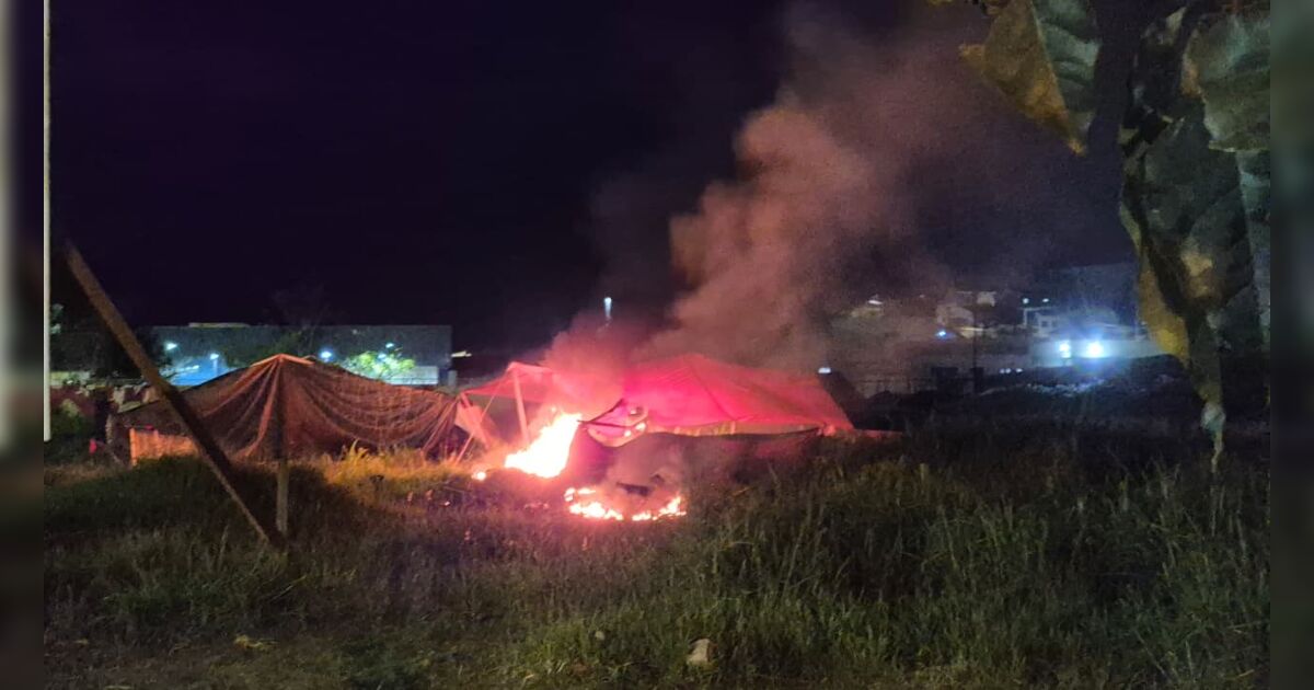 Fumaça e chamas saindo de barraca de acampamento em Apucarana