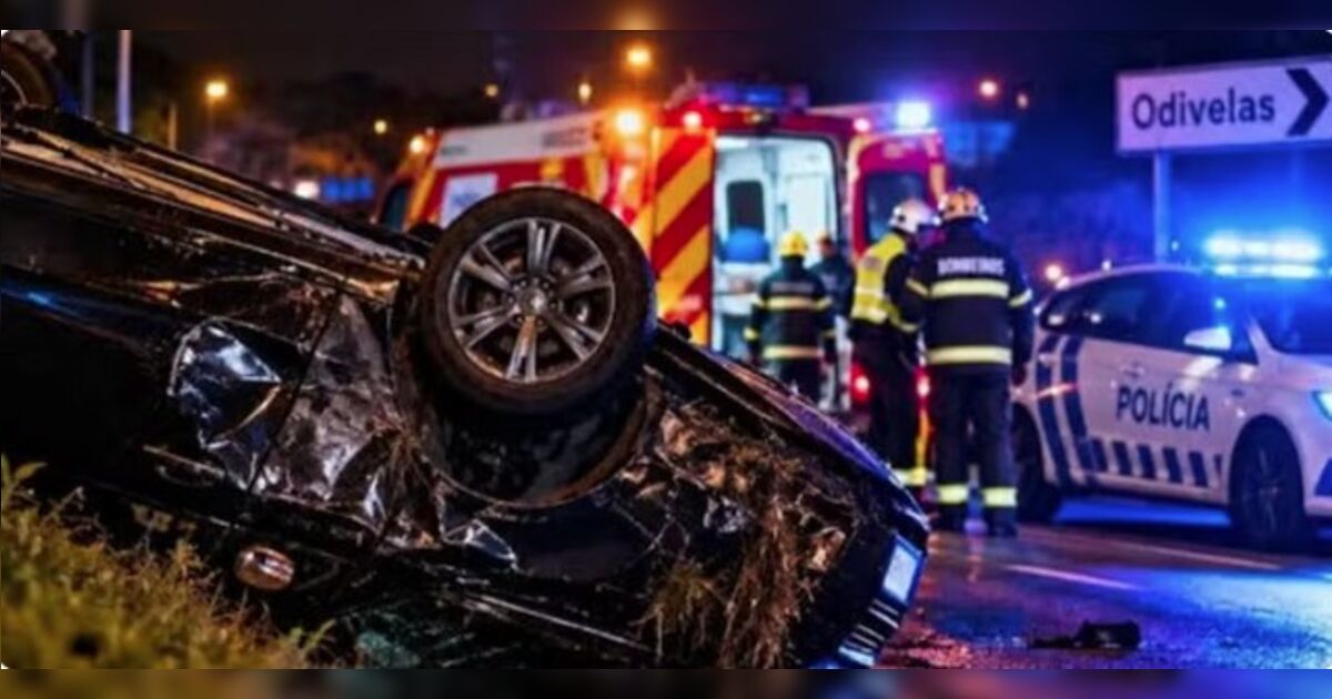 Carro capotado na cidade de Odivelas após acidente envolvendo mulher brasileira