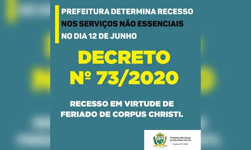 Serviço público de São Pedro do Ivaí terá recesso na sexta-feira (12); saiba mais