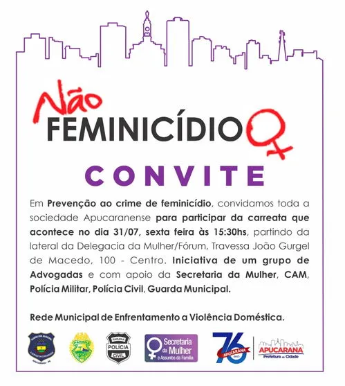 Apucarana realiza carreata contra feminicídio nesta sexta-feira