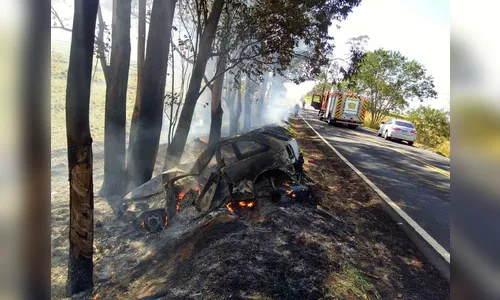 Veículo pega fogo após colidir contra árvore na PR-158