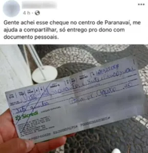 Mulher encontra cheque de quase R$ 9.000 e devolve ao dono